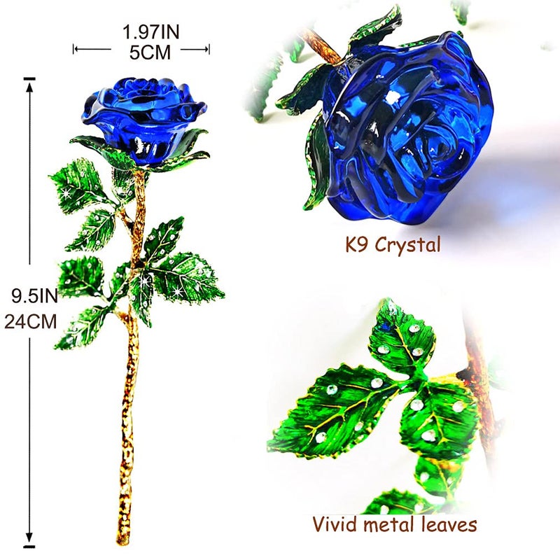 SWEETIME Blue Rose, K9 Crystal Rose Flower, Forever Glass Rose with Green Leaves, Unique Gift for Girlfriend Wife Mom on Valentine's Day, Mother's Day, Thanksgiving, Christmas, Birthday, Anniversary. - Image 3